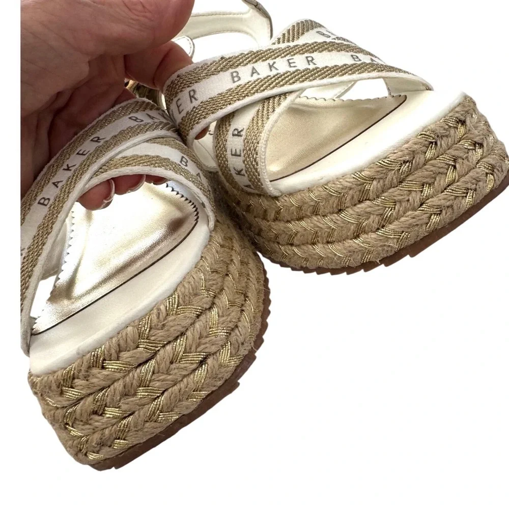 Ted Baker Logo Strap Espadrille Platform Sandals White Gold Size 5 EU 38